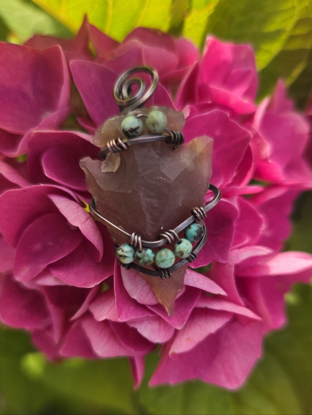 Flint Arrowhead W Tibetian Turquoise Accents Pendant Necklace Wirewrap Handmade